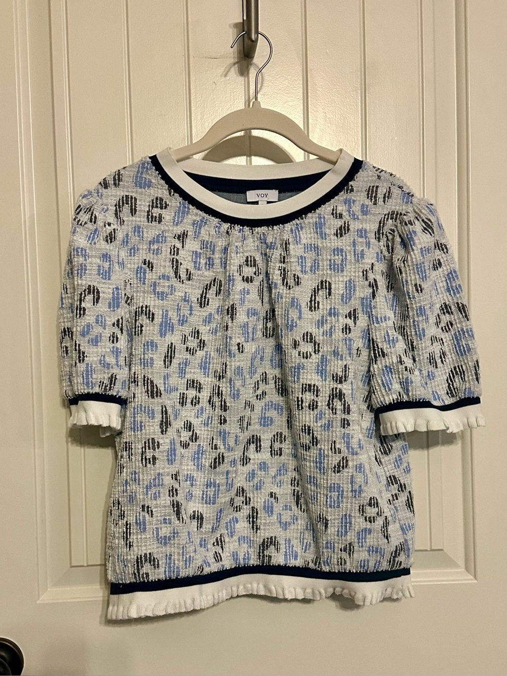 Blue & White Short Sleeve Knit Sweater
